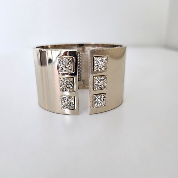 VICTORIA'S SECRET Gold Tone Rhinestone Studded Cuff Bracelet, Hinge Opening - Picture 10 of 11